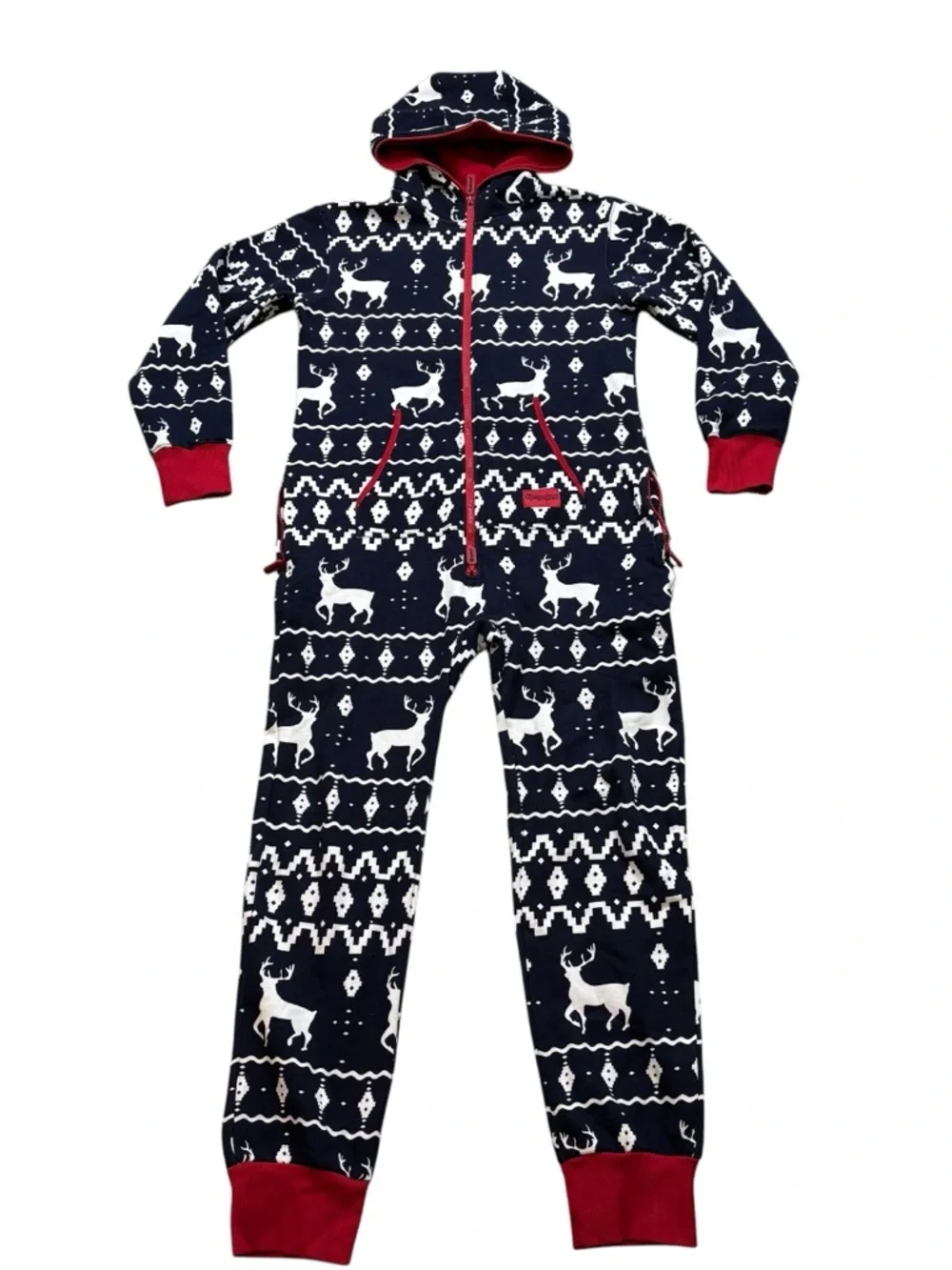 Tipsy Elves Unisex Blue Reindeer Fair Isle Hooded Jumpsuit Size Medium - Picture 3 of 8